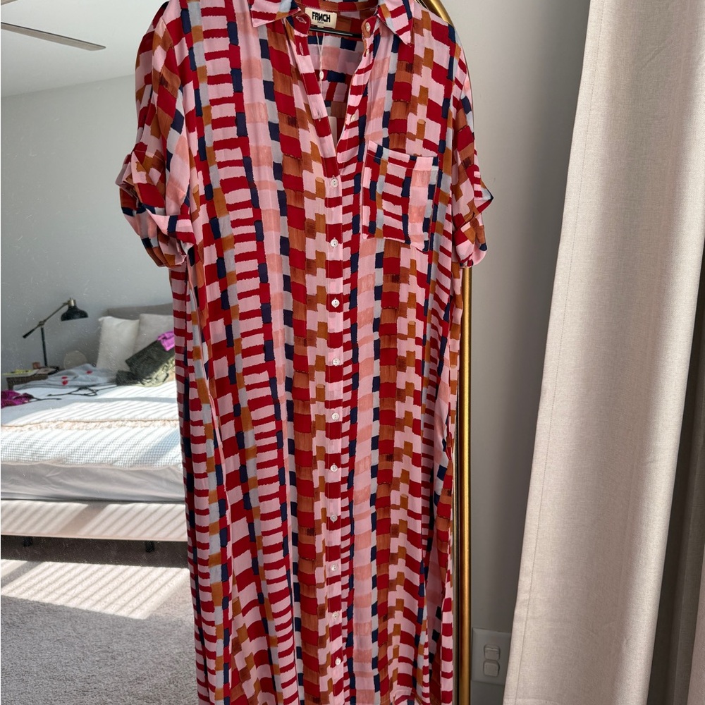 FRNCH Red and Pink Geometric Midi Dress